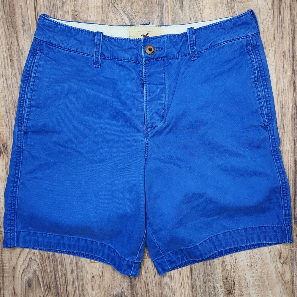Y2K Hollister Logo Royal Blue Twill Chino Shorts 32 Preppy Cotton Button Fly
